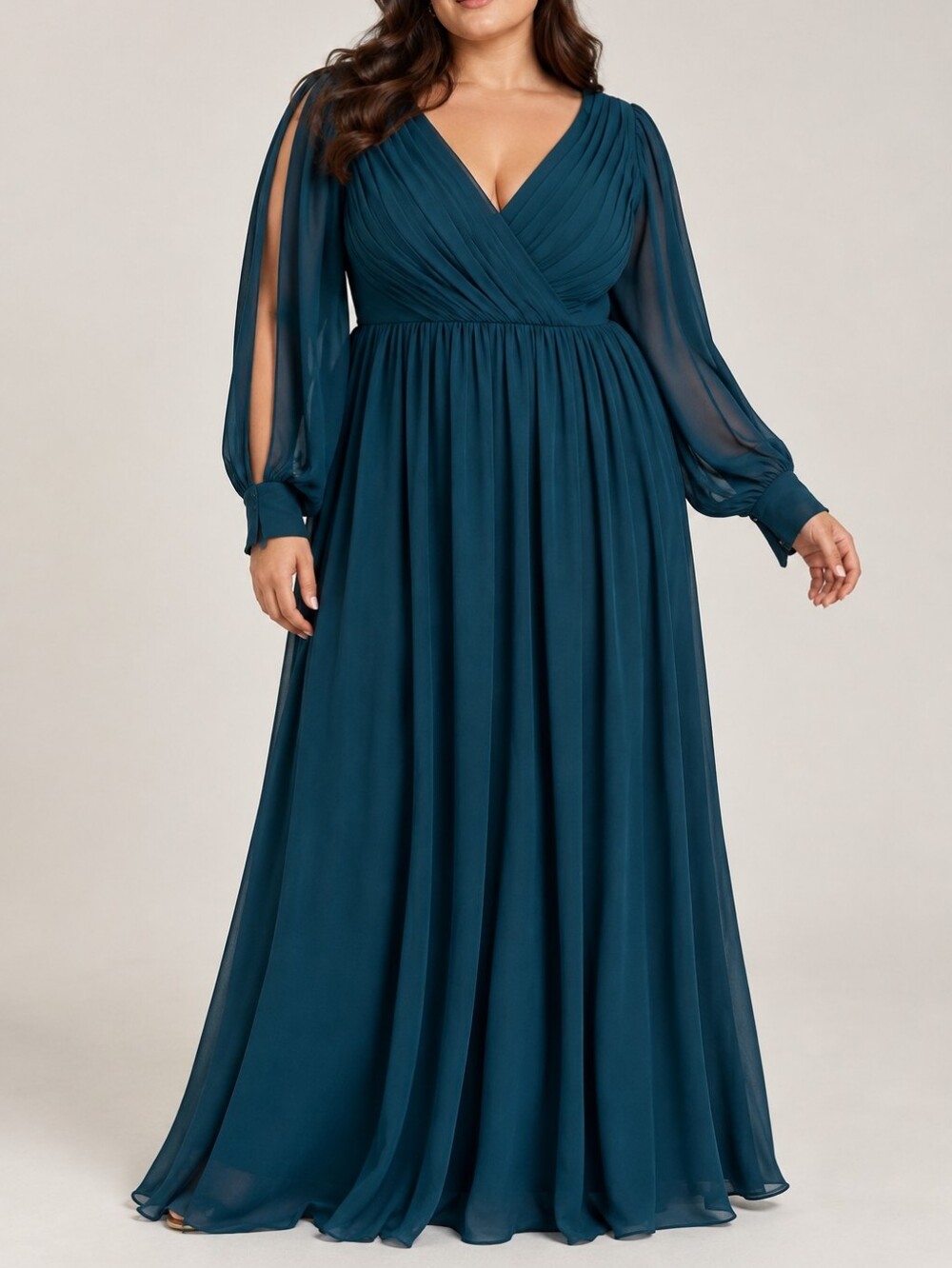 Women Long Split sleeve Chiffon Bridesmaid Dress v-neck Teal Blue Formal Sz 14